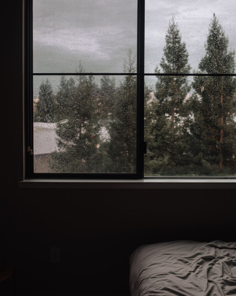 View of a window from a bedroom. It's raining and there are trees in the distance.