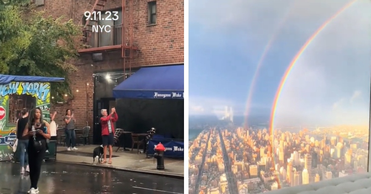 A two-photo collage. The first shows people walking around NYC. Many have stopped and are looking up at the sky and some are using their phone to take photos and videos. The second photo shows a double rainbow over NYC on the 22nd anniversary of 9/11.