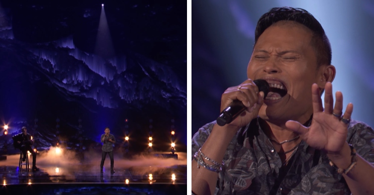 A two-photo collage. The first shows Roland Abante from afar as he stands on the "America's Got Talent" stage singing "I Will Always Love You." There is fog on the stage and a guitar player sitting near him on a stool. The second photo shows a close up of Roland, eyes closed, as he signs passionately into the mic.