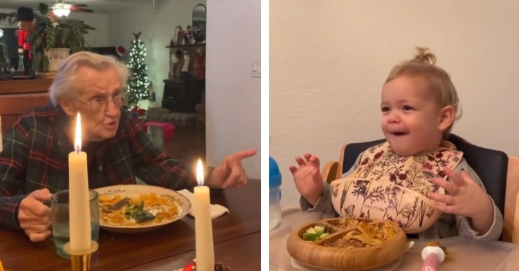 A two-photo collage. The first shows a great grandmother sternly pointing her finger while sitting at a dining table. The second photo shows a baby sitting in her high chair. She is sitting across from her great grandmother and is seemingly copying the way she eats. The energy of this photo is very much like that of the meme with the woman yelling at the cat.