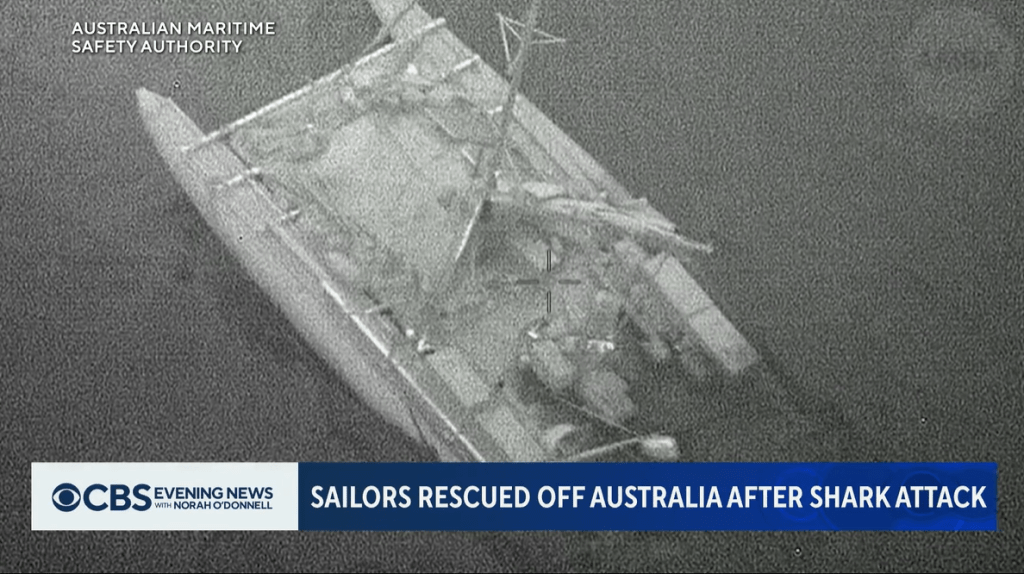 Top-down aerial view of the three sailors' boat, fully submerged at the front.