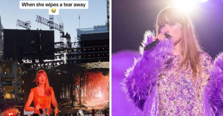 A two-photo collage. The first shows Taylor Swift looking into the Eras Tour audience with awe as she sings "Marjorie." The second photo shows swift singing on stage in a sparkly outfit with a purple, fluffy coat.