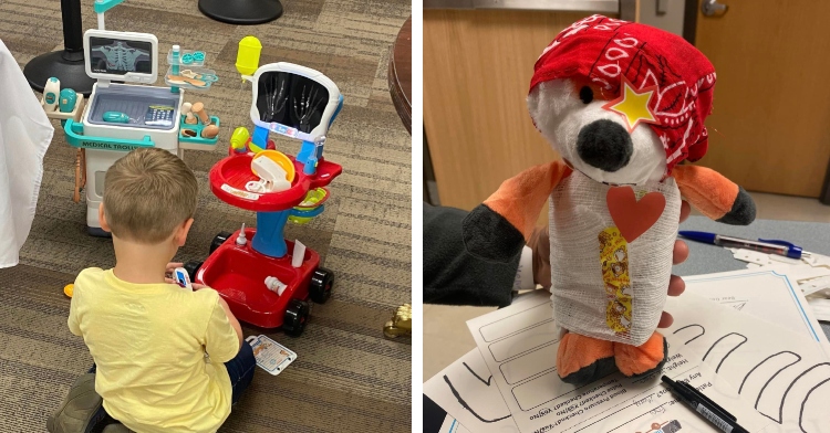 A two-photo collage. The first shows a view of a little boy from behind as he sits on the floor, playing with medical equipment toys, including an x-ray machine. The second photo shows a close up of someone holding up a stuffed fox who has been cared for at the Teddy Bear clinic. The stuffed animal is wearing a bandana, a star sticker as an eye patch, is wrapped in gauze, has a Band-Aid over the gauze, and a heart sticker over where their heart would be.