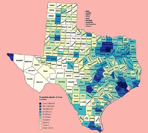 Map showing the population density of Texas counties in 2020.