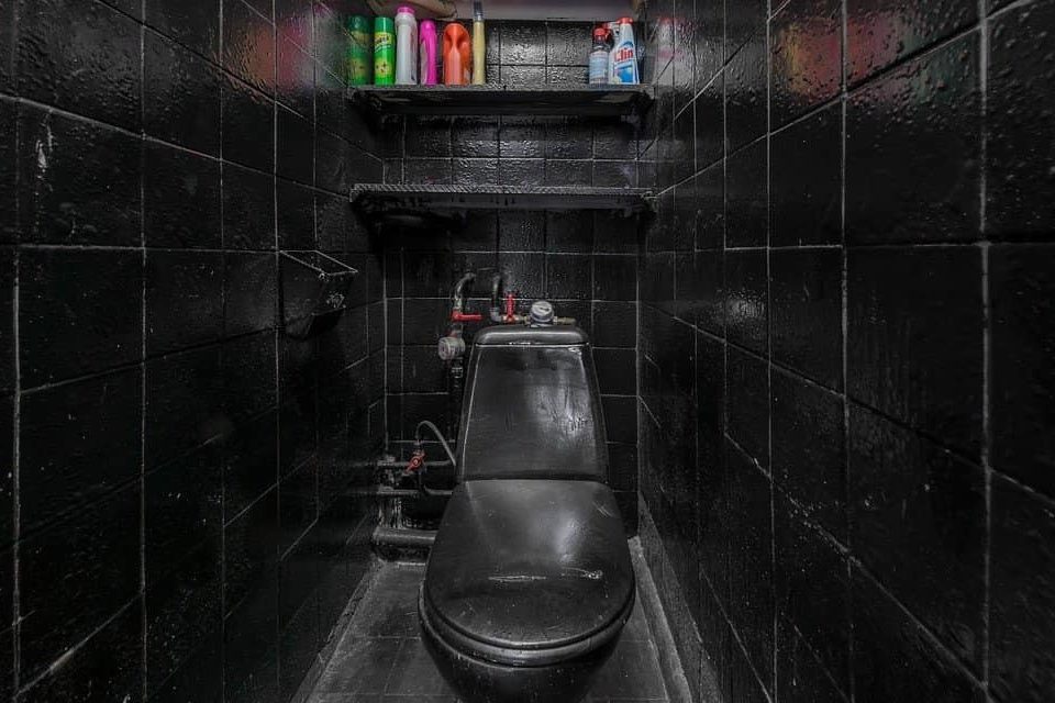 A narrow hall-like bathroom with a toilet and shelves above it. Most of the wall, along with the toilet, have been painted black. A small section of the wall at the top of the photo is a white/beige color.
