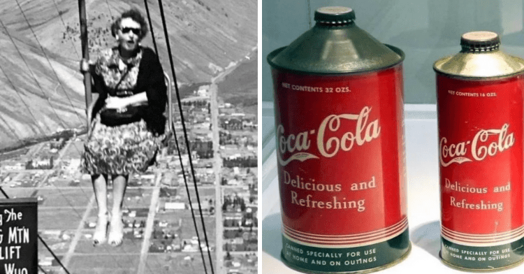 woman on chair lift and old coke cans