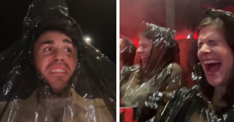 A two-photo collage. The first shows a man wearing a plastic raincoat. He looks unsure and a bit scared as he stares offscreen. The second photo shows two women who are also wearing similar raincoats. Water is being shot in their direction and they're smiling with their mouths open, clearly laughing but also shocked.