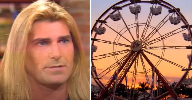 Left frame shows 1999 Fabio during an interview after his amusement park accident. Right frame shows a Ferris Wheel.