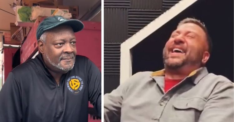 Two men in separate frames. One is telling a bad dad joke and the other is laughing at a bad dad joke.