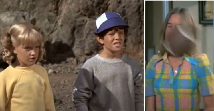 Left frame shows characters Cindy and Bobby from The Brady Bunch. Right frame shows Marcia getting hit in the face with a football.