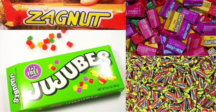 old-school Candies: Zagnut bar, Jujubes, Now-and-Later, and Bit-O-Honey