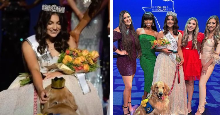 Girl wins Miss Dallas Teen beauty pageant with her epilepsy service dog Brady. left image shows winner with her dog. Right image shows past winners with the new winner and her service dog.