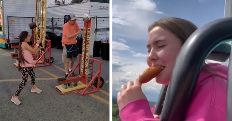Left frames shows a girl getting a helping hand with the hammer game. Right frame shows a girl eating a corn dog on a fair ride.