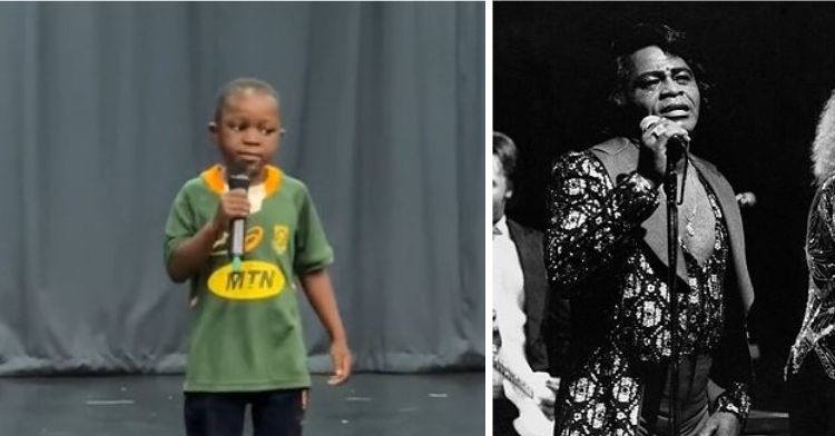 Image shows a young man singing "I Feel Good" on the left and a stock photo of singer James Brown on the right.
