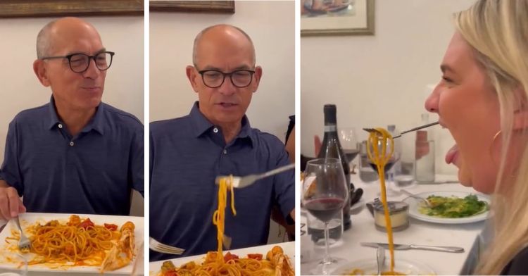 Daughter uses a "special" fork to grab a bite of her dad's spaghetti. Image shows the progression in three frames.