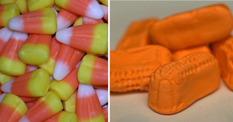 Image shows candy corn and circus peanuts candy.