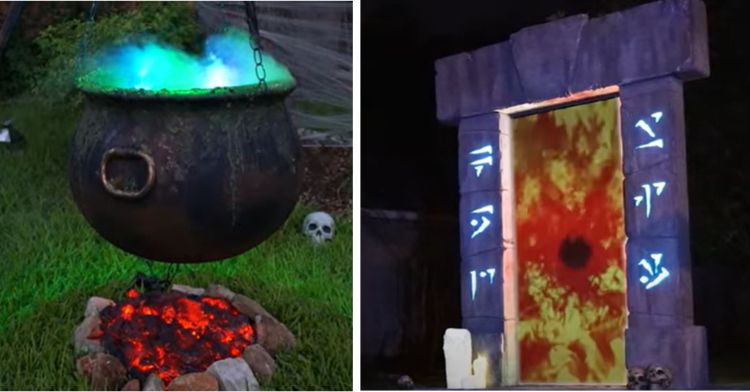 Halloween props. Left frame is a bubbling cauldron. Right frame is a portal to beyond.
