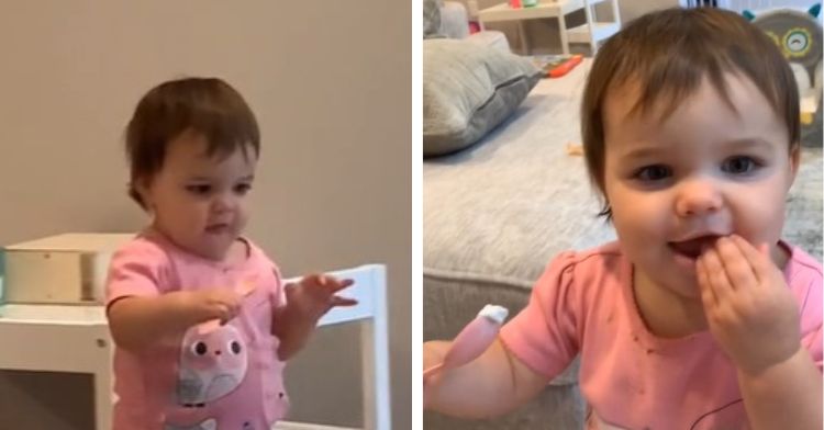 Two frames with a toddler trying to share a spoonful of ice cream.