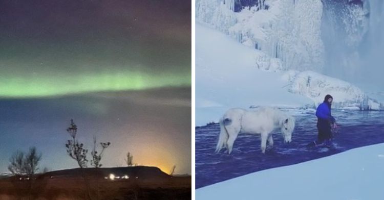 Left image shows the Northern Lights over Iceland. Right image shows a horse and rider wading through a stream in front of an Icelandic waterfall at Skógafoss