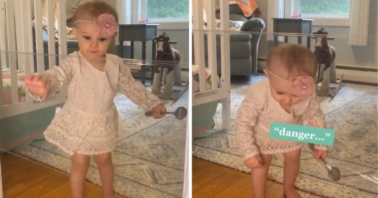 Left frame shows a child gently touching an invisible challenge barrier of cling wrap. Right frame shows the same child puzzling how to solve the challenge.