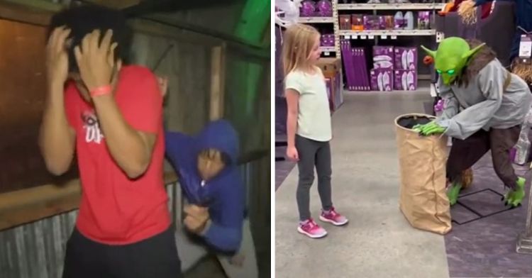 The left frame shows teenagers in a haunted attraction after a jump scare. The right frame shows a young girl about to be scared by a store display.