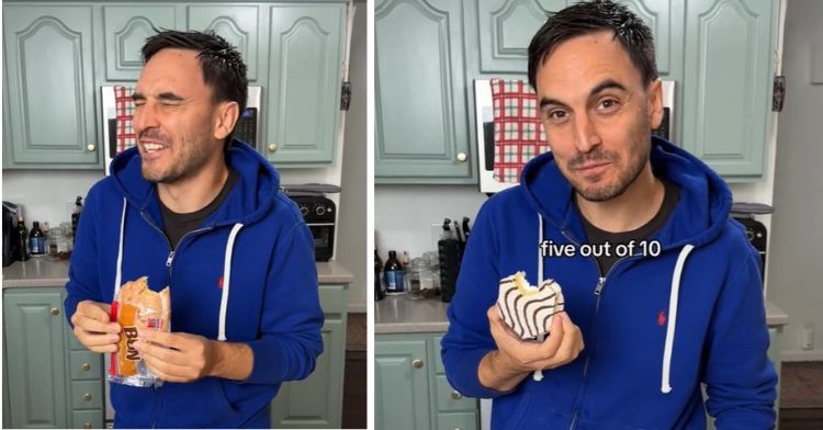 Alessio Pasini as he tries Little Debbie Honey Buns (left frame) and Oatmeal Creme Pies (right frame)