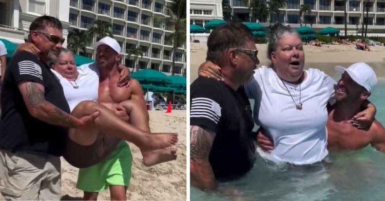 Mobility issues didn't keep this woman from swimming in the ocean. Left frame shows two men carrying a disabled woman. Right frame shows them in the water at a Hawaii beach.