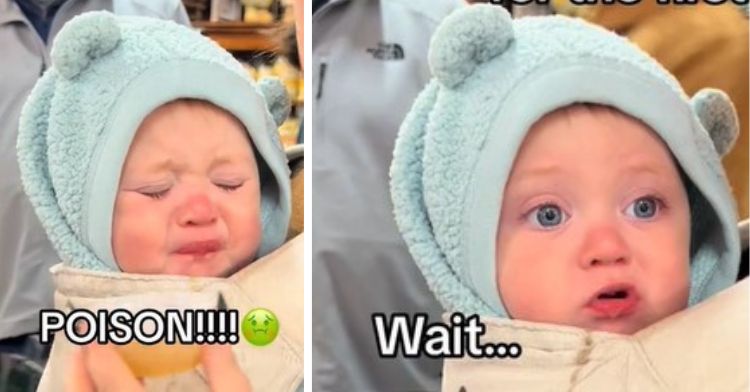 Image shows a baby making an icky face after trying apple cider in the left frame. The right frame shows the same infant deciding that wasn't so bad after all.