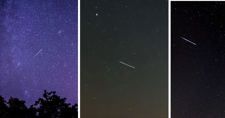 A tri-panel image showing different angles of shooting stars.