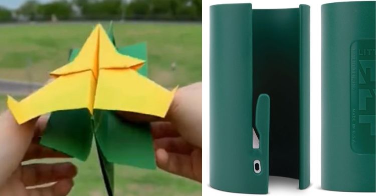 Left image shows a DIY paper airplane launcher. Right image shows a wrapping paper cutting tool.