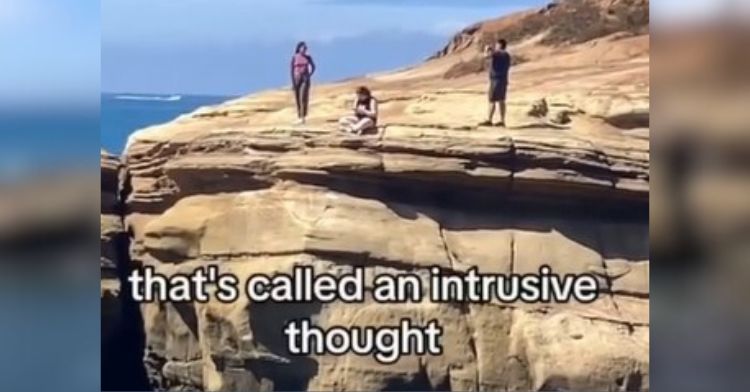 Image shows people standing or sitting on the edge of a cliff, with the words "that is called an intrusive thought" across the lower section.