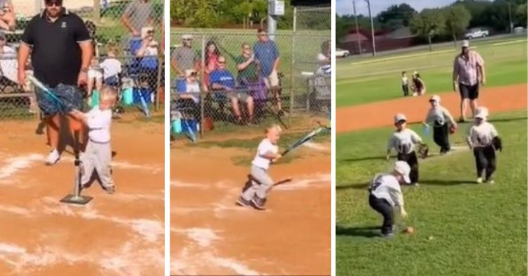 Three frames showing a tee ball hitter, the hit, and the players fielding the ball.