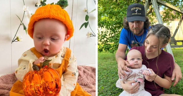 Left frame shows a small child in pumpkin colored clothing. Right frame shows Mom, Dad, and baby.