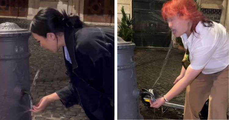 Two panels showing tourists using a public water fountain inccorrectly.