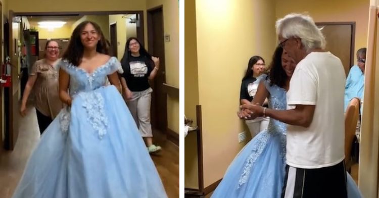 Image has two frames. The left frame shows a young lady in a quinceañera gown. The right image shows the young lady and her grandpa having a quinceañera dance.