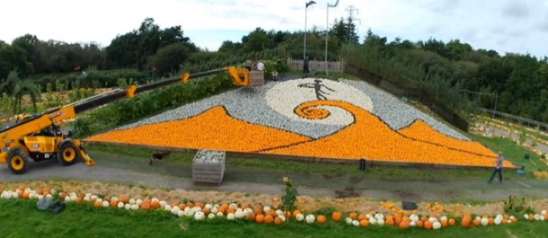 Image replicates the scene of Jack Skellington singing "Jack's Lament" in "The Nightmare Before Christmas." The entire image contains more than 10,000 pumpkins.