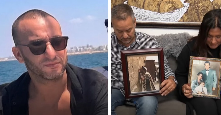 A two-photo collage. The first shows Alexandre Look sitting on a boat, wearing sunglasses, and looks into the distance. The second photo shows Alain and Raquel Look somberly looking down at the framed photographs in their hands, all of which feature their late son, Alexandre Look.