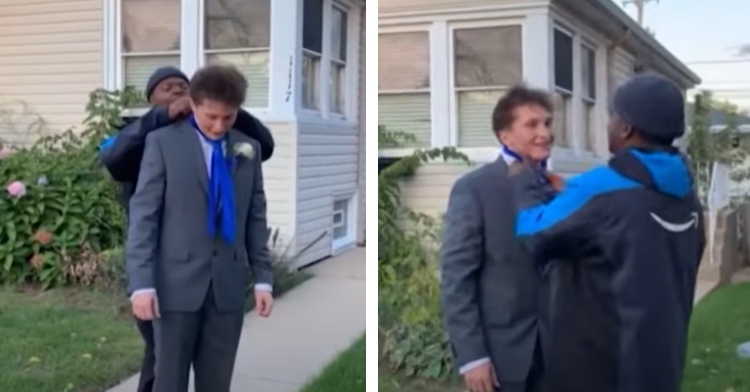 A two-photo collage. The first shows a teen looking down as an Amazon driver stands behind him, adjudging his tie. The second photo shows the teen now smiling as the Amazon drive stands in front of him, still fixing his tie.