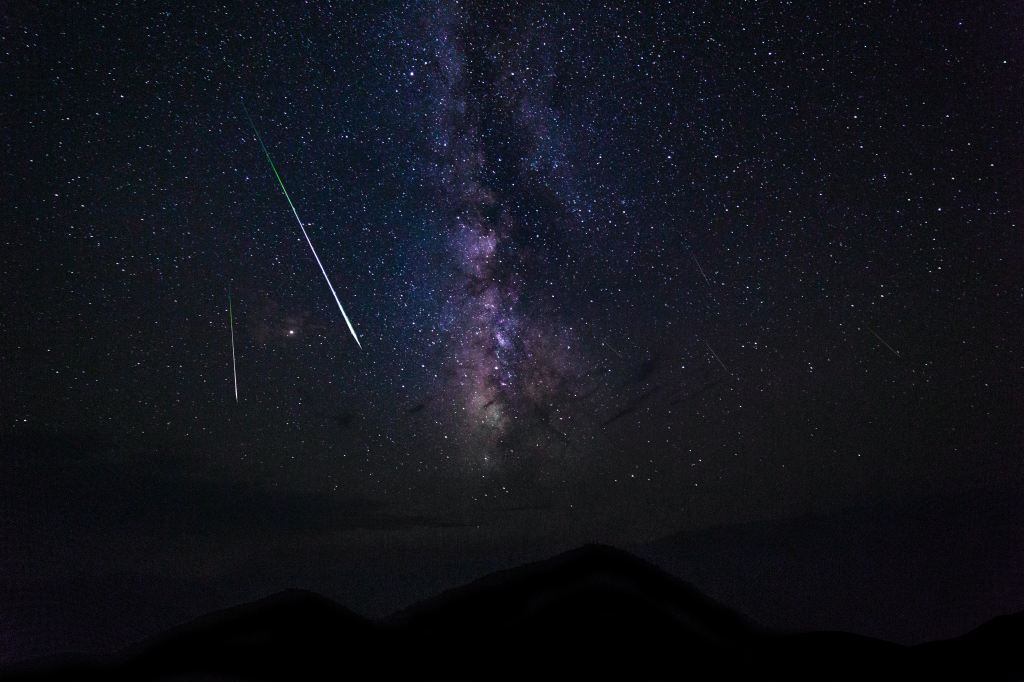 View of a night sky when there is a meteor shower.