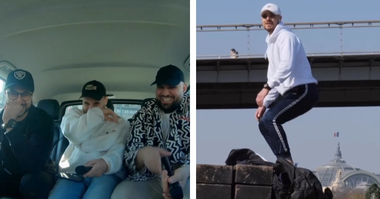 A two-photo collage. The first shows three men laughing hard from the backseat of a car. The second video shows a man just after he leaped onto a higher surface, his knees still bent. He looks into the distance, a look of confusion on his face.