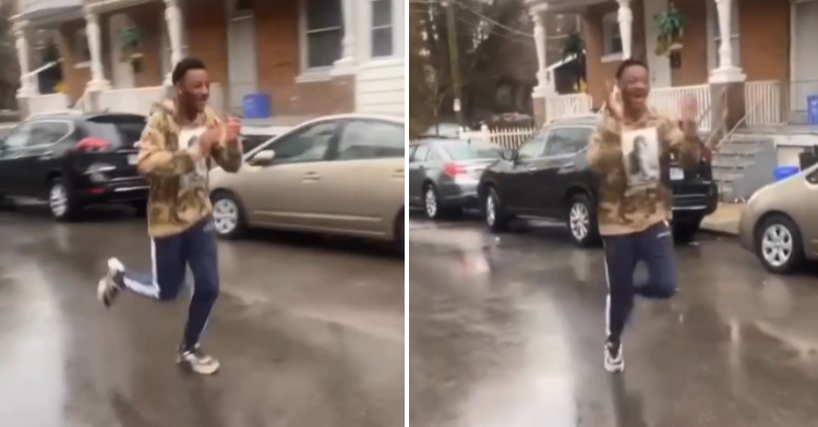 two images of a man running on a street and cheering