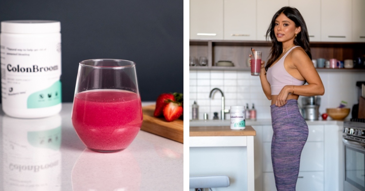A two-photo collage. The first shows a close up of a clear glass of a red drink sitting on a kitchen counter. Next to it are a few strawberries. On the other side is ColonBroom. The second photo shows a woman holding a colorful drink in one hand as she stands in a kitchen next to an island with ColonBroom on it.