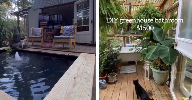 A two-photo collage. The first shows the outside of a shed that's been turned into a home. A small pool is outside and, from this view, we can see a large tv inside. The second photo shows a bathroom with lots of plants and greenery. A cat is walking into the room. Text on the image reads: DIY greenhouse bathroom $1,500