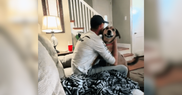 Man holds dog while it smiles at camera
