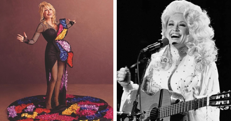 A two-photo collage. The first photo shows Dolly Parton smiling wide as she stands in a dress that is half black and half butterfly in the abdomen region. The dress turns see through before becoming solid again at the end where there's lots of bright colors. The second photo is black and white and shows Parton when she was younger. She's on stage with a guitar and is smiling wide, very similarly to how she is smiling in the other photo.