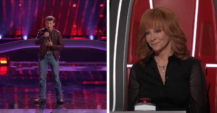 A two-photo collage. The first shows singer Dylan Carter singing on "The Voice" stage with his eyes closed. The second photo shows Reba watching him. She looks emotional as she smiles at him.
