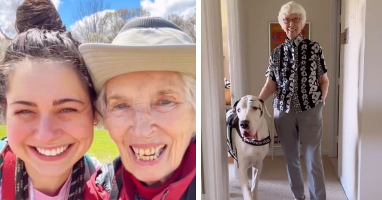 A two-photo collage. The first shows a selfie of a woman and a grandma, both of which are smiling. The second shows a photo of that same grandma who is now smiling as she stands with a great dane.
