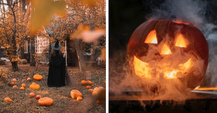 A two-photo collage. The first is a view of a woman from behind who is dressed as a witch with a hat and a broom. She's standing outside and around trees with fall leaves and pumpkins scattered about. The second photo shows a Jack-o-lantern with smoke coming out of it.