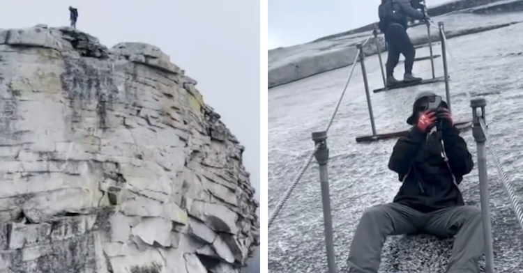 A two-photo collage. The first shows a large mountainside from Half Dome in Yosemite National Park; someone is standing on the cliffside. The second photo shows a view of someone looking up as they pause while heading back down Half Dome. Two people are above them with one recording them back on their phone.