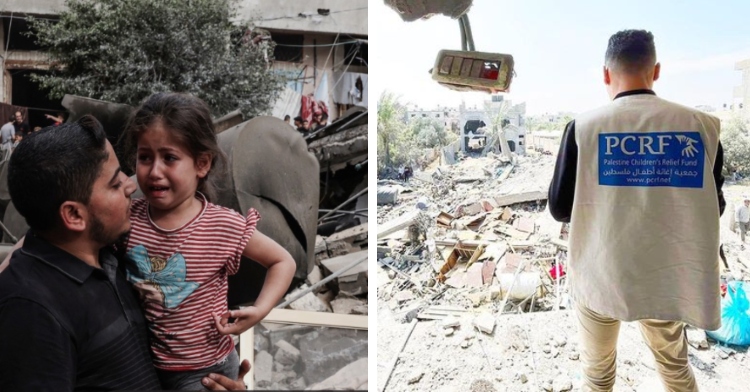 A two-photo collage. The first shows a man holding a crying little girl. They're standing outside near rubble. The second photo shows someone looking out at the aftermath of the Israeli-Palestinian conflict.